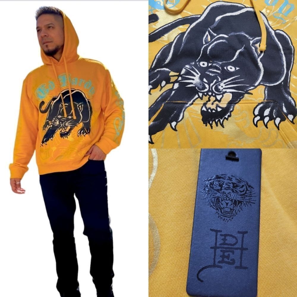 $125 NEW L ED HARDY BLACK CAT TATTOO STREETWEAR GOLD HOODIE SWEATSHIRT LARGE NWT